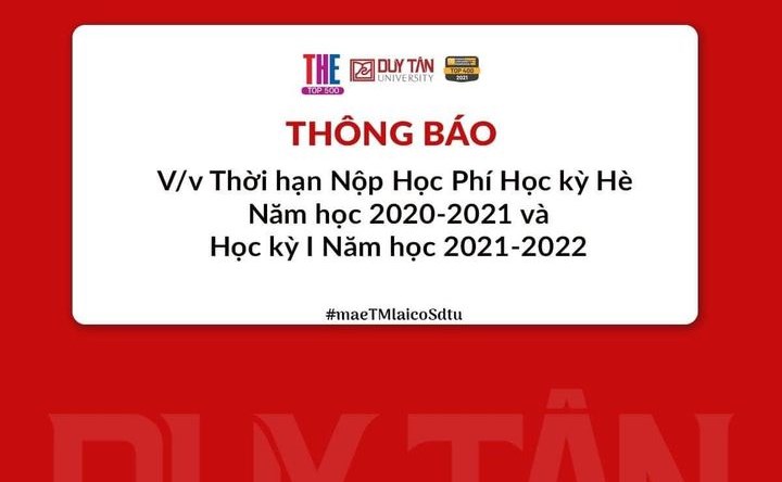 Thông báo Thời hạn Nộp Học phí Học kỳ hè Năm học 2020-2021 và Học kỳ I Năm học 2021-2022